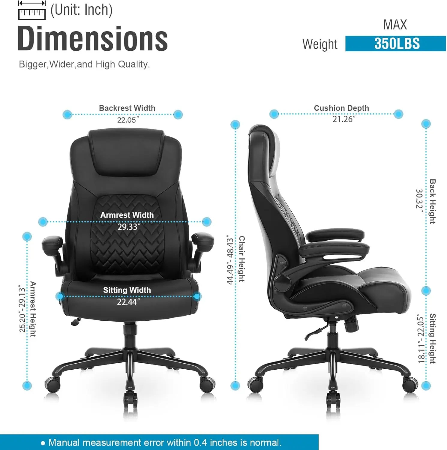 Ergonomic Office Chair - Big and Tall Office Chair for Heavy People, PU Leather Computer Desk Chair with Flip-up Armrest