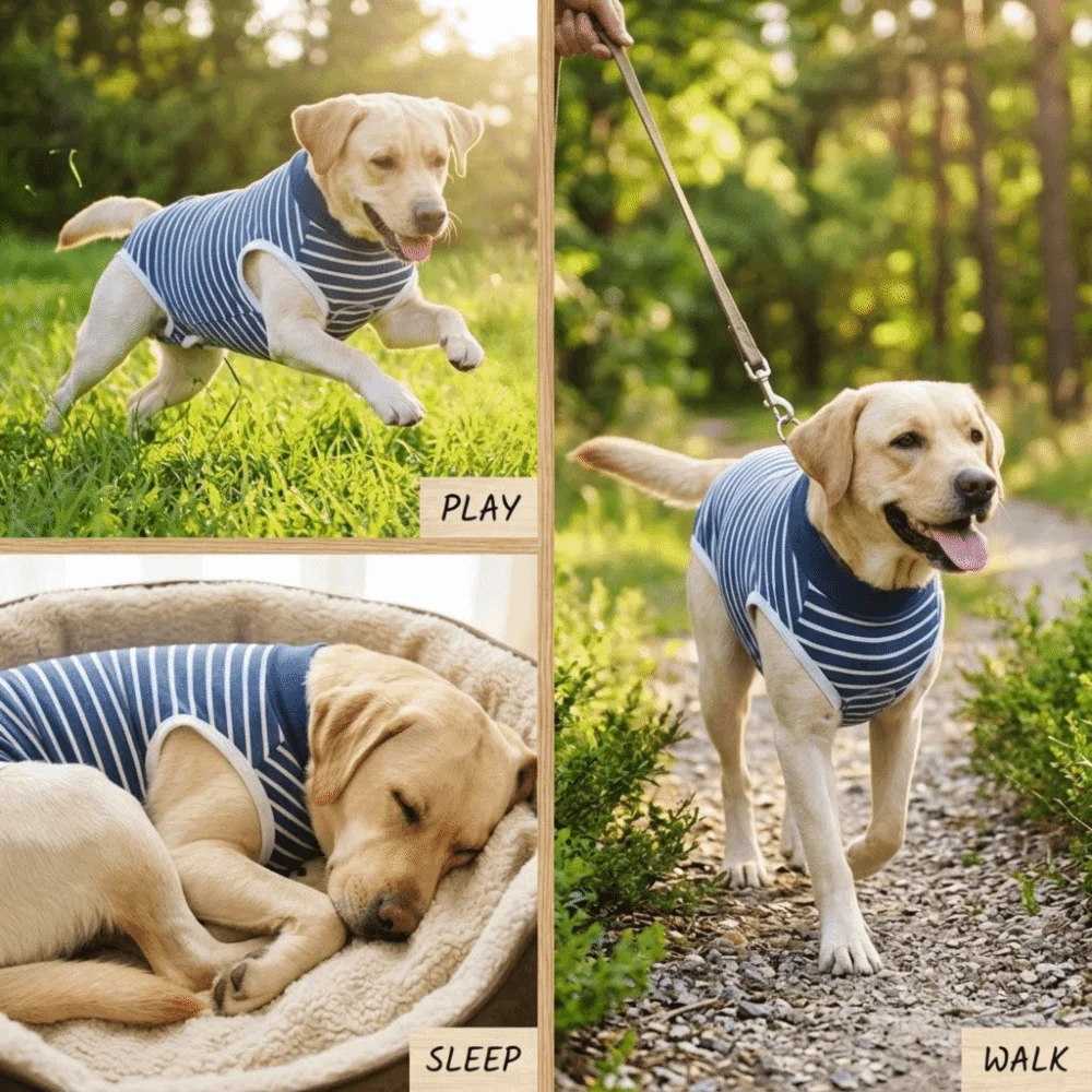 Stripe Pattern Pet Recovery Suit Back Buckle Breathable Weave Dog Spay Neuter Suit Four Leg Design High Stretch Fabric