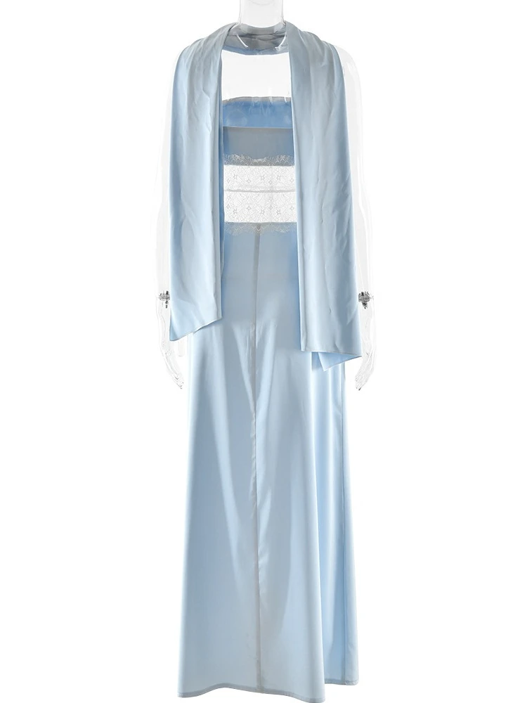 XIAOTANG Schalkragen, schulterfrei, sexy Maxikleid für Damen, elegante Spitze, durchsichtig, trägerlos, ärmellos, rückenfrei, figurbetont, Clubkleid