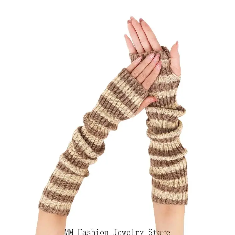 D0UB Mode gestreifte halbe Fingerhandschuhe gestrickte Manschetten kaltes Wetteraktivität