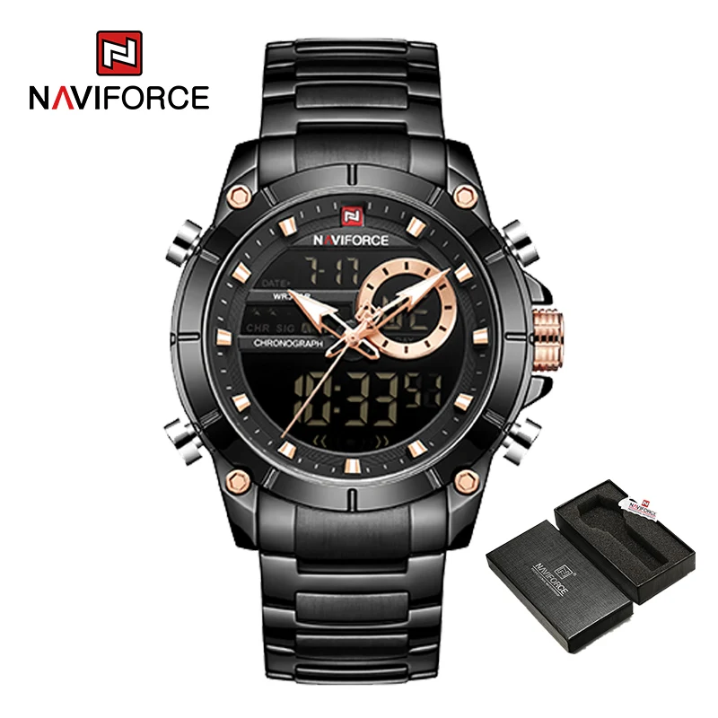 

NAVIFORCE 9163 Роскошные оригинальные спортивные наручные часы для мужчин, кварцевые стальные водонепроницаемые военные часы с двойным дисплеем, Relogio Masculino