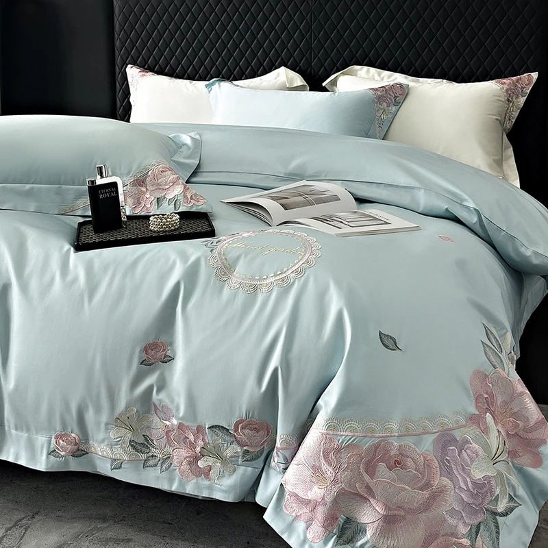 

High-end Flowers Embroidery Bedding Sets Luxury Egyptian Cotton Quilt/Duvet Cover Bed Sheet Pillowcases Solid Color Bedclothes