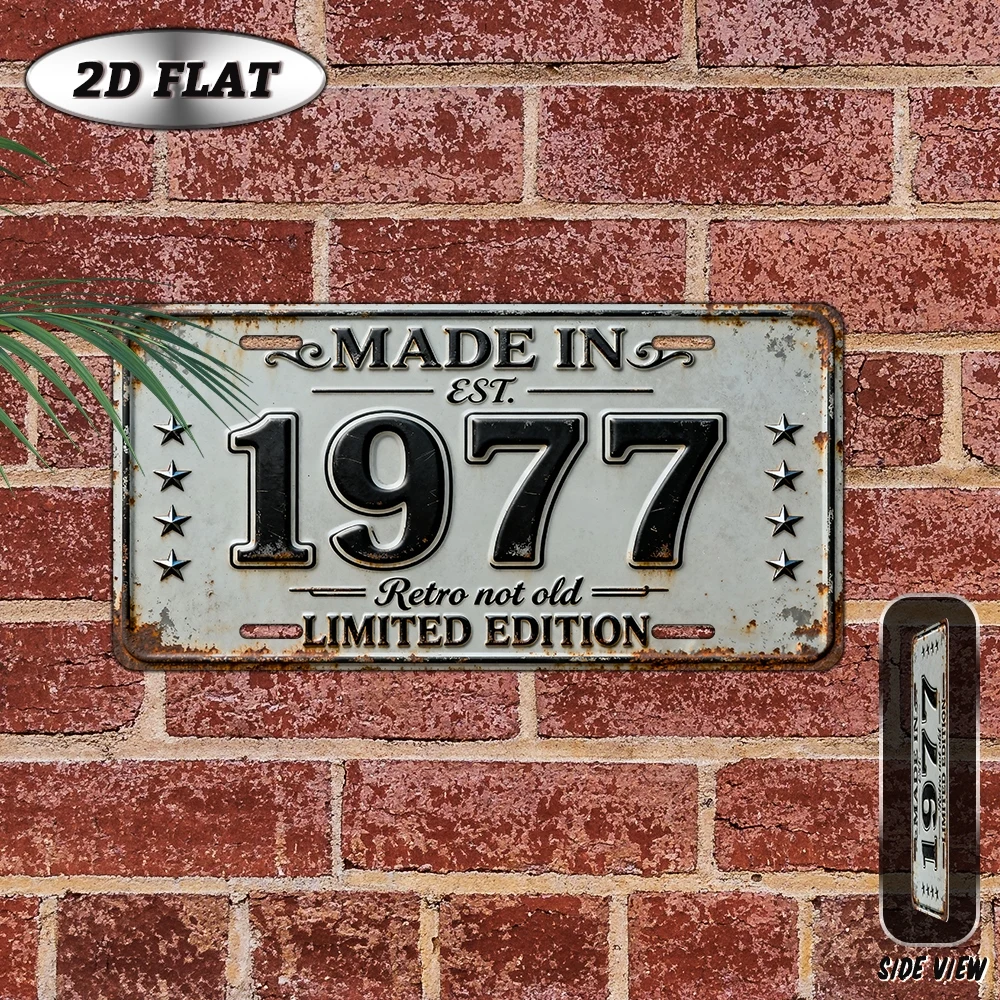 2D Flat Made In 1977 Limited Edition Vintage Distressed Metal License Plate Retro Birthday Wall Decor Metal Sign
