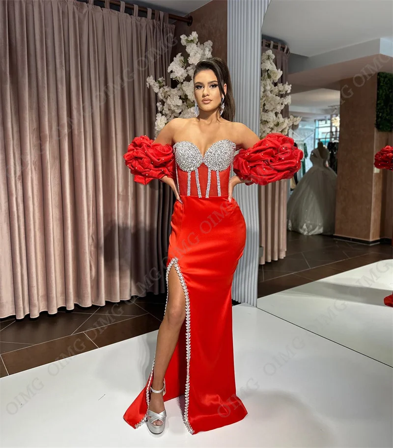 OIMG Red Shiny Side Slit A Line Evening Dress Sweetheart 2023 Prom Dress Luxury Prom Gown Sequined Formal Saudi Arabric Dubai