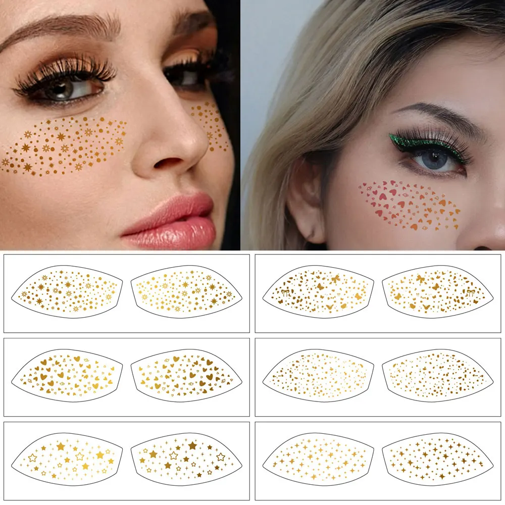 6pcs/Pack Golden and Silver Fake Freckles Stickers for Women Metallic Temporary Waterproof Tattoo Stickers for Face Makeup Party