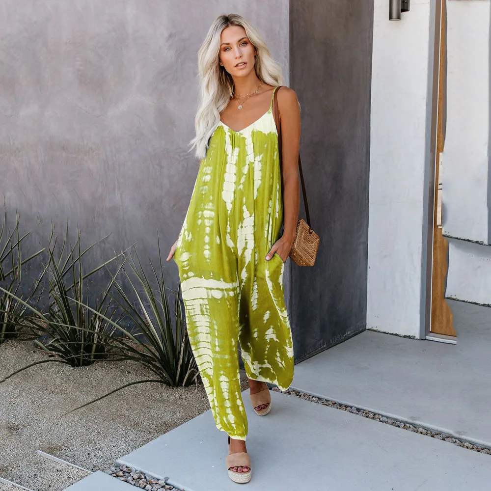 Summer Women Casual Jumpsuit V Neck Tie Dye Stripe Print Wide Leg Sling Loose Jumpsuits