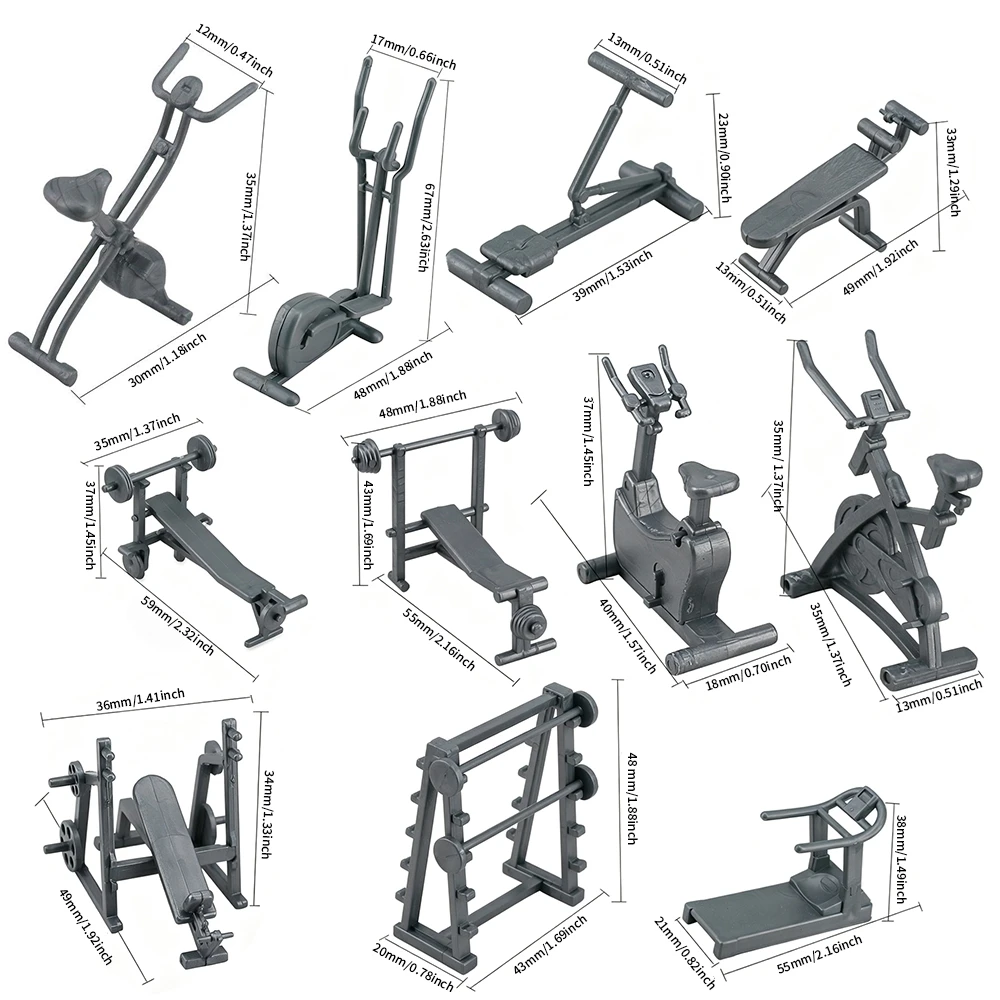 11pcs 1/20 1/25 Scale Miniature Gym Equipment Model Set Lifelike Dollhouse Fitness Mini Workout Accessories Scene Decor