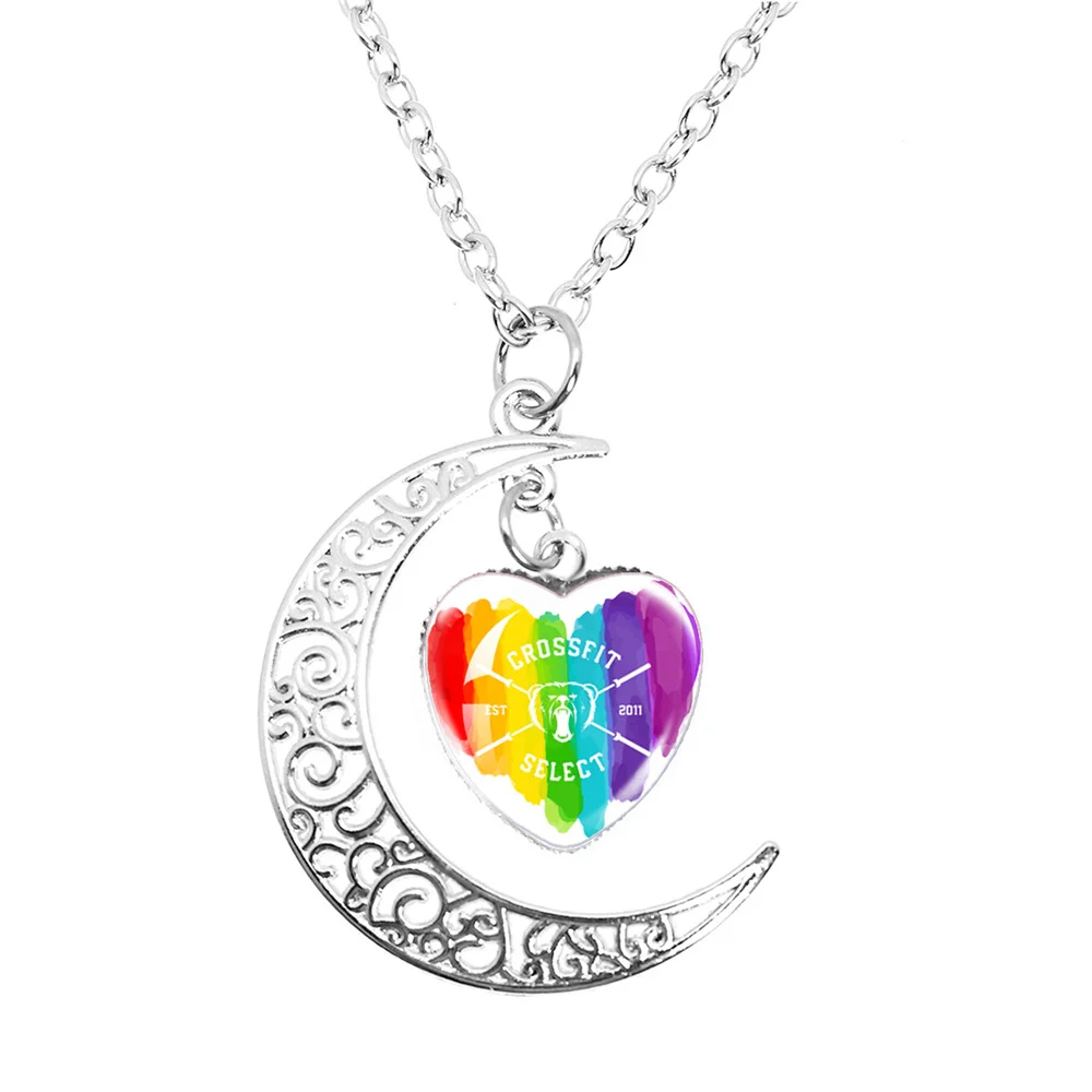 Gay Pride Rainbow Flag Peach Heart Moon Necklace Lesbian LGBT Pride Bright Color Glass Cabochon High Quality Chaveiro Gay Gift