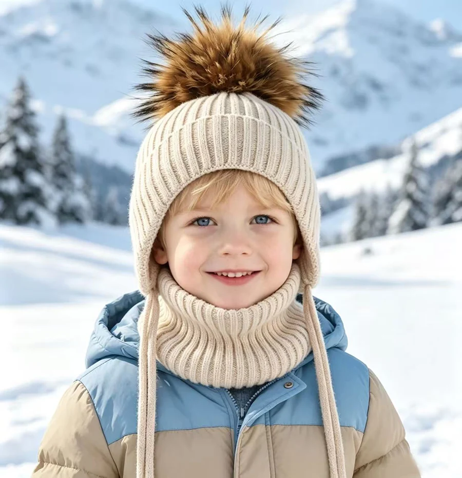 Winter-Wollmütze mit Nackenschutz 2-teiliges Set Echte Fuchsfell-Mütze für Kinder Jungen Mädchen Dicke Fleece Warme Gestrickte Gestreifte Ohrenklappe Baby Skullies Mütze – Detail 2