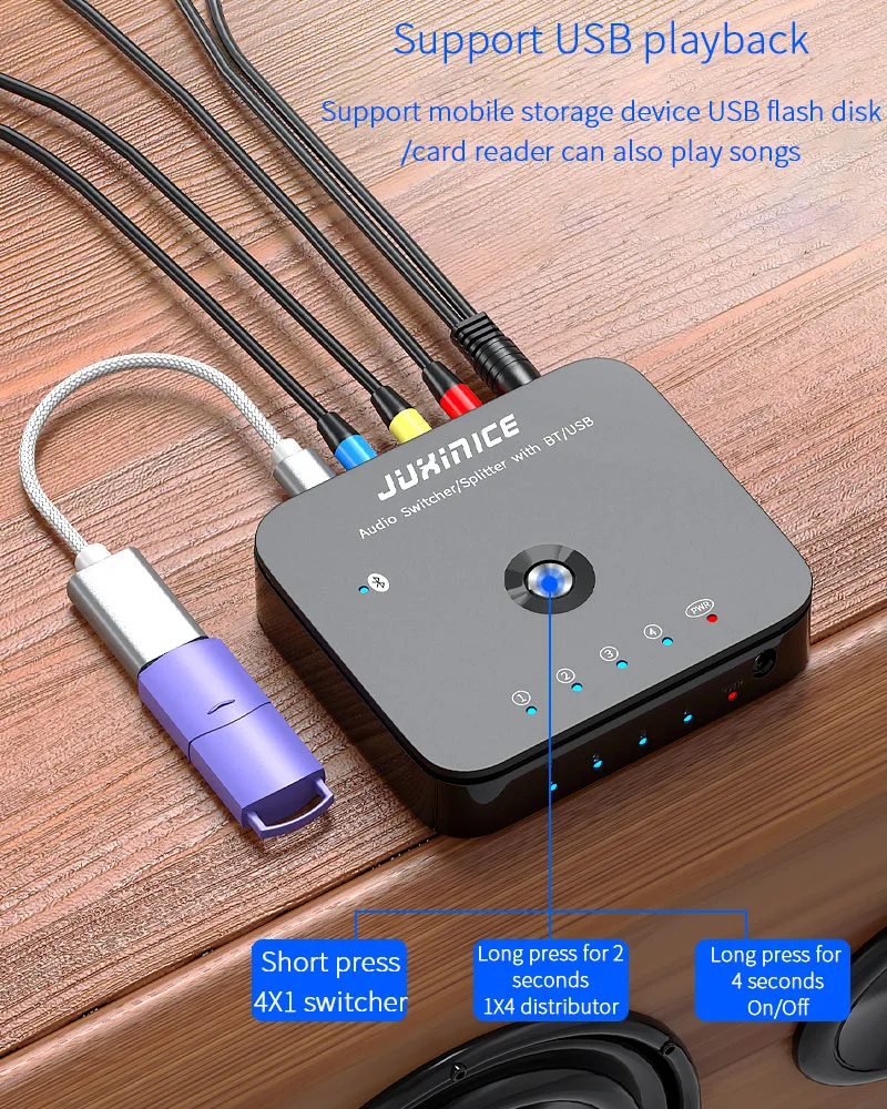 Conmutador auxiliar estéreo 3 en 1, receptor de música inalámbrico, Bluetooth 3,5, adaptador de Audio, HIFI, 4 puertos, 5,0mm