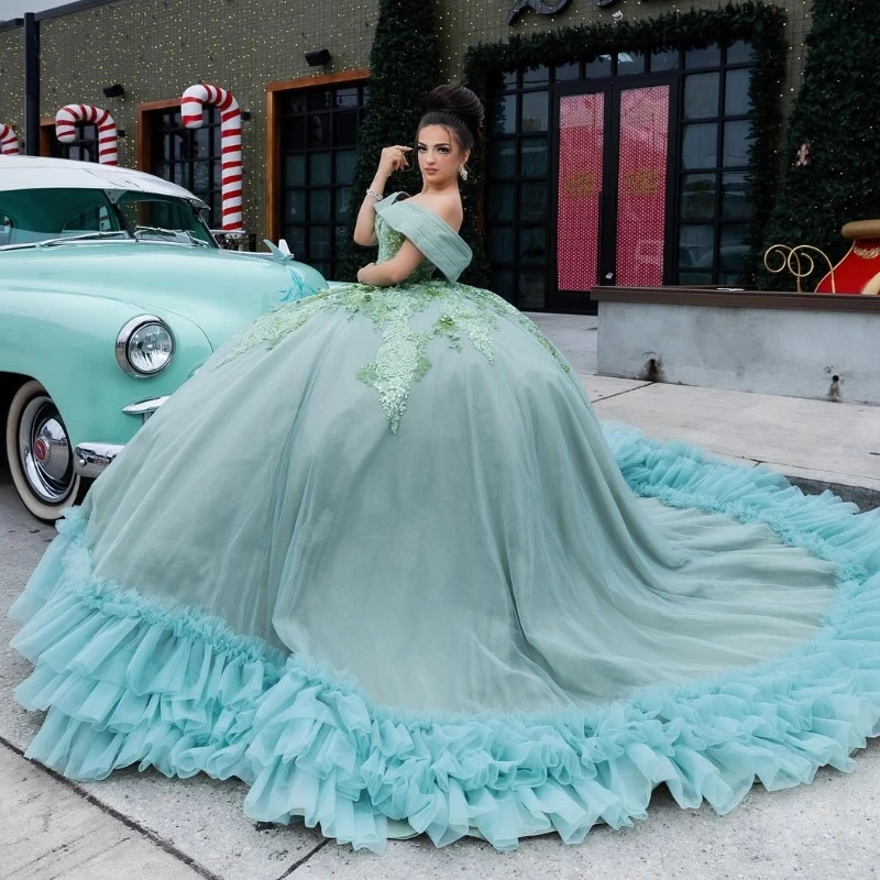 

Customized Mint Green Quinceanera Dresses Ball Gown Off The Shoulder Applique Beading Tull Tiered Party Birthday Sweet 16 Dress