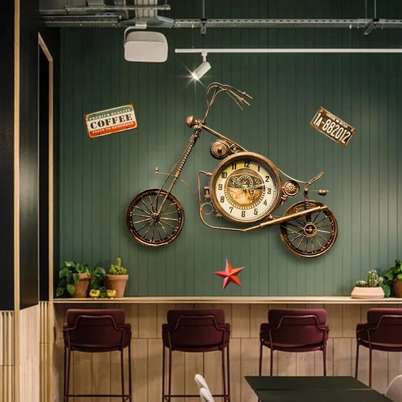 

American Wrought Iron Motorcycle Clock Wall Decorations Wall Decor Pendants Clothing Store Hanging Decorations