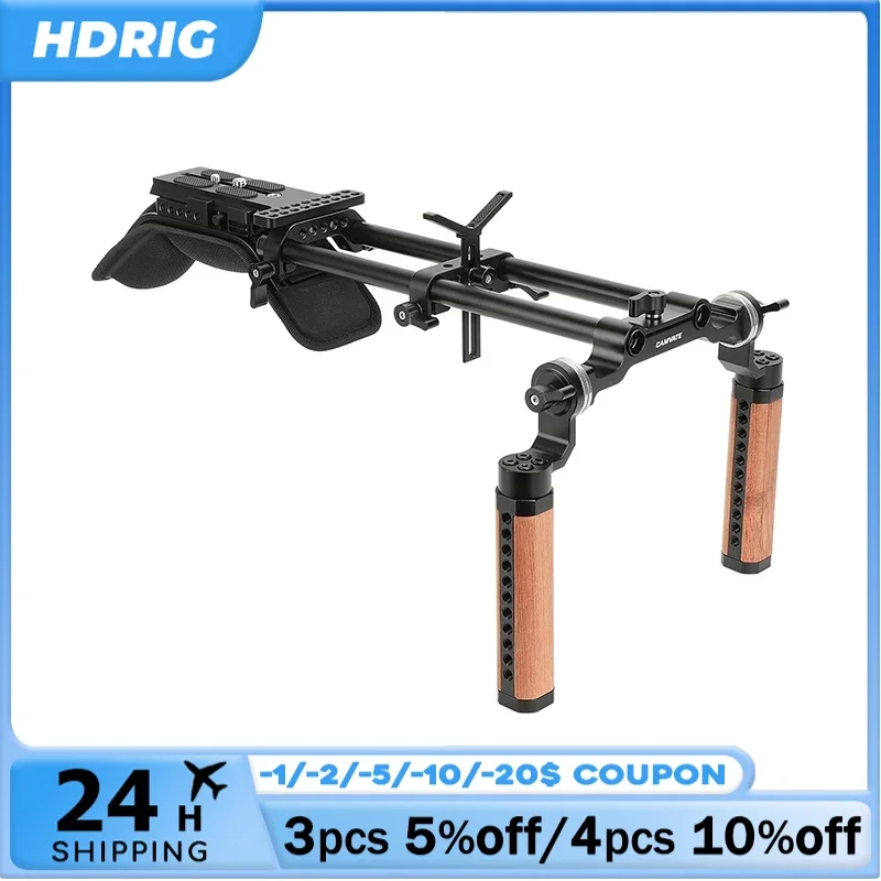 

HDRIG 2023 New Shoulder Mount 15mm Railblock Rig with QR Plate Wooden Handgrip & Lens Support For DSLR Cameras Camcorders