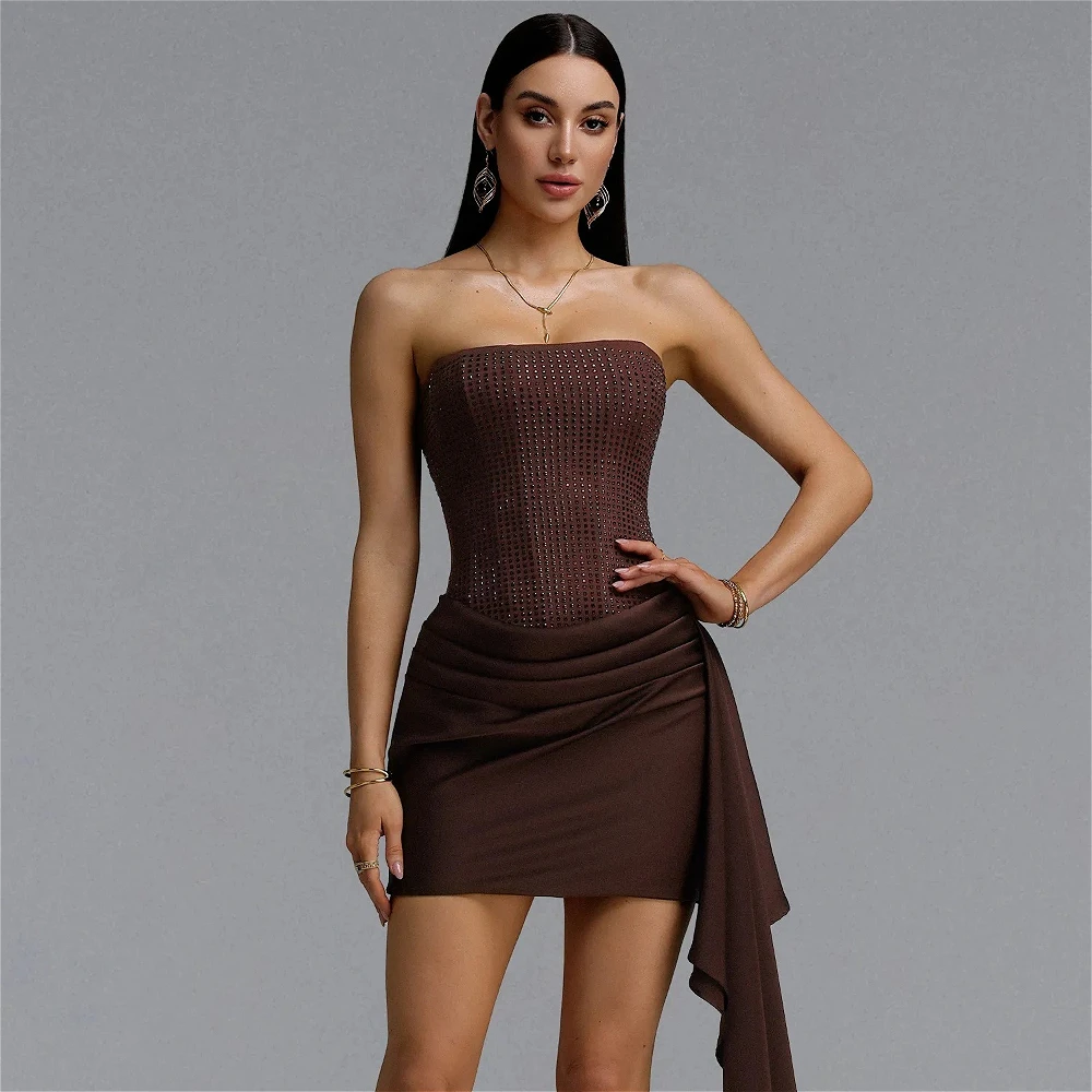 Customized Brown Strapless Hot Fix Rhinestone Draped Sash Mini Dress Bodycon Club Homecoming Gown Simple Sparkly Cocktail Dress