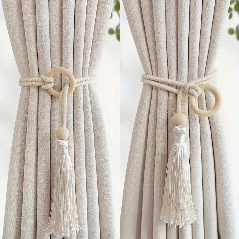 2pcs Bohemian Chic Adjustable Cotton Cord Curtain Tie Fringe - Hand Woven, Log Loop Curtain Buckle Strap