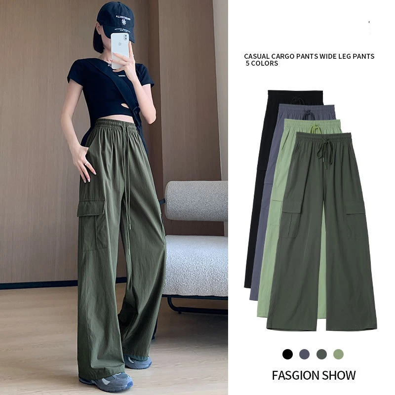 

Gray Quick-drying Overalls for Women 2024 New Summer Thin High-waisted Loose Wide-leg American Ice Silk Sports Trousers