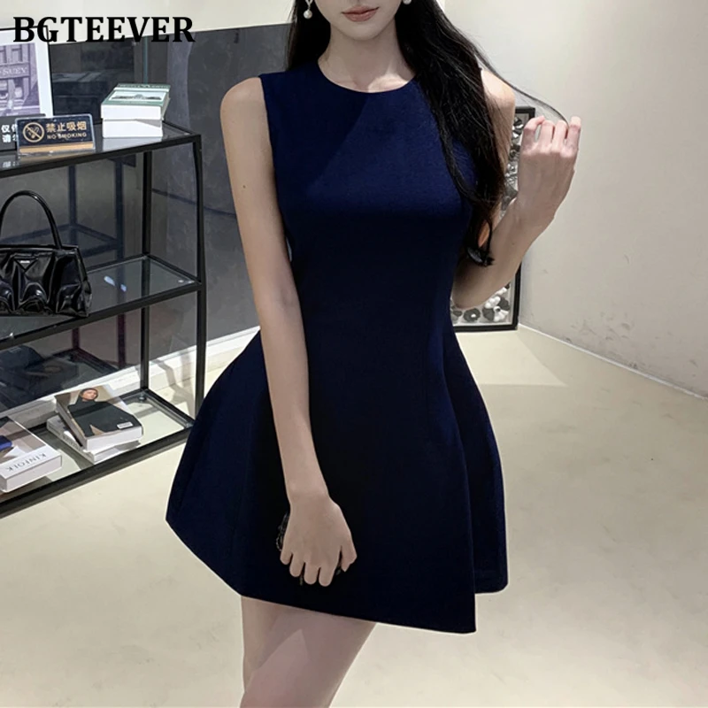 

BGTEEVER Elegant O-neck Women Sleeveless A-line Dress Spring Summer Fashion Slim Waist Ladies Mini Vest Dress
