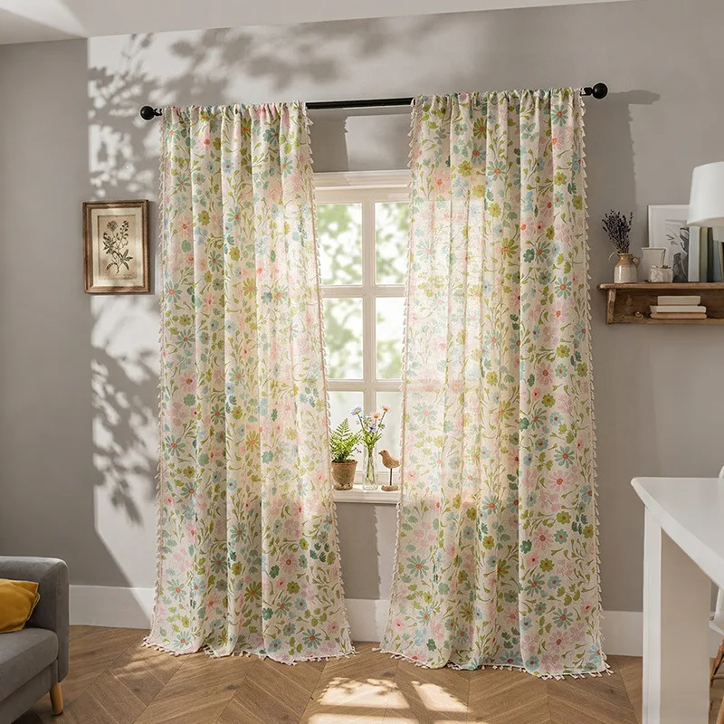 Picture 4: 1PC New Semi-Sheer American Style Curtain, Bamboo Hemp Fabric, Floral Pattern, Rod-Pass Through, Fresh Country Style, Single Pie