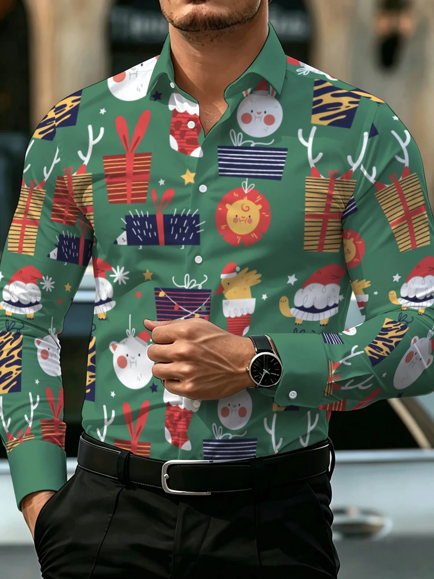 2026 New Men Long Sleeve Shirt Christmas Cartoon Gift Print Casual Holiday Party Autumn Winter Fashion Men's Clothing