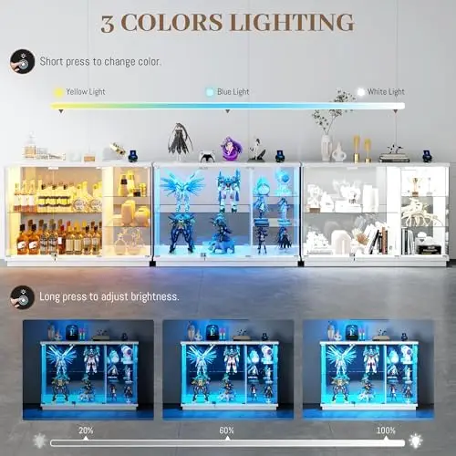 Glass Display Cabinet with Lock & LED Light, High Gloss Sideboard with Motion Sensor & Glass Shelves, Curio Cabinet for view 4