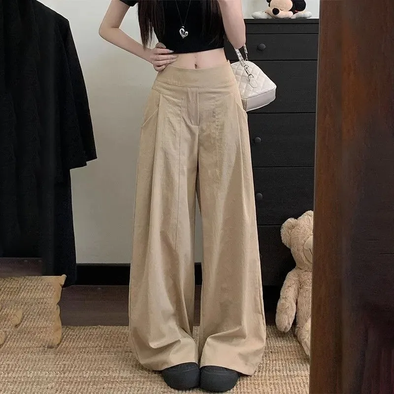 

Хаки с высокой талией, провисающие повседневные брюки, женские летние, тонкие свободные широкие брюки, женские брюки длиной до пола, не прилипающие ноги