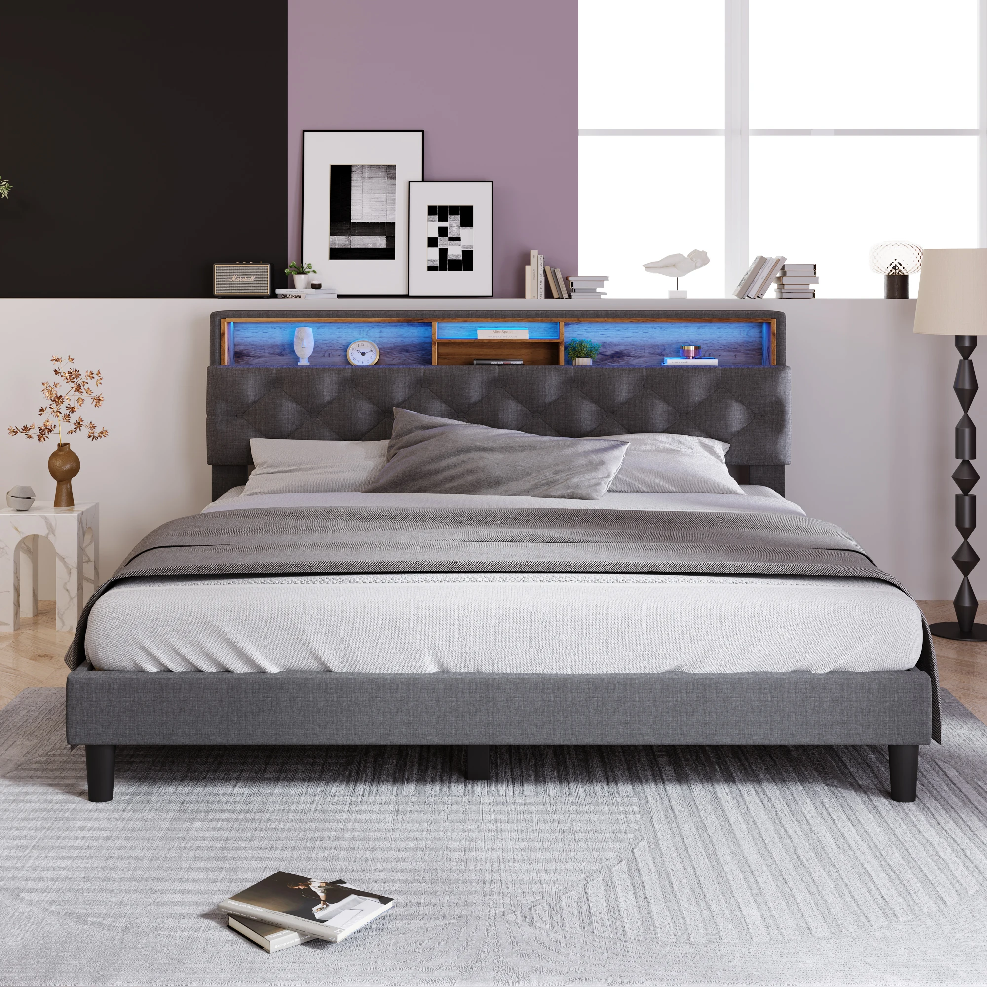 KOMHTOM Polsterbett Doppelbett 140x200 cm Grau - Stauraum-Kopfteil, LED-Beleuchtung, ohne Matratze