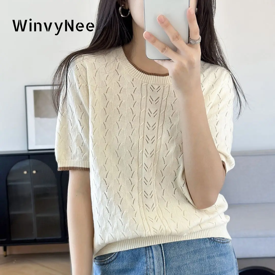 

WinvyNee, летняя женская футболка, пуловеры из 100% хлопка, свитера, топ с короткими рукавами и круглым вырезом, однотонные трикотажные изделия, топы, весна A 1002024