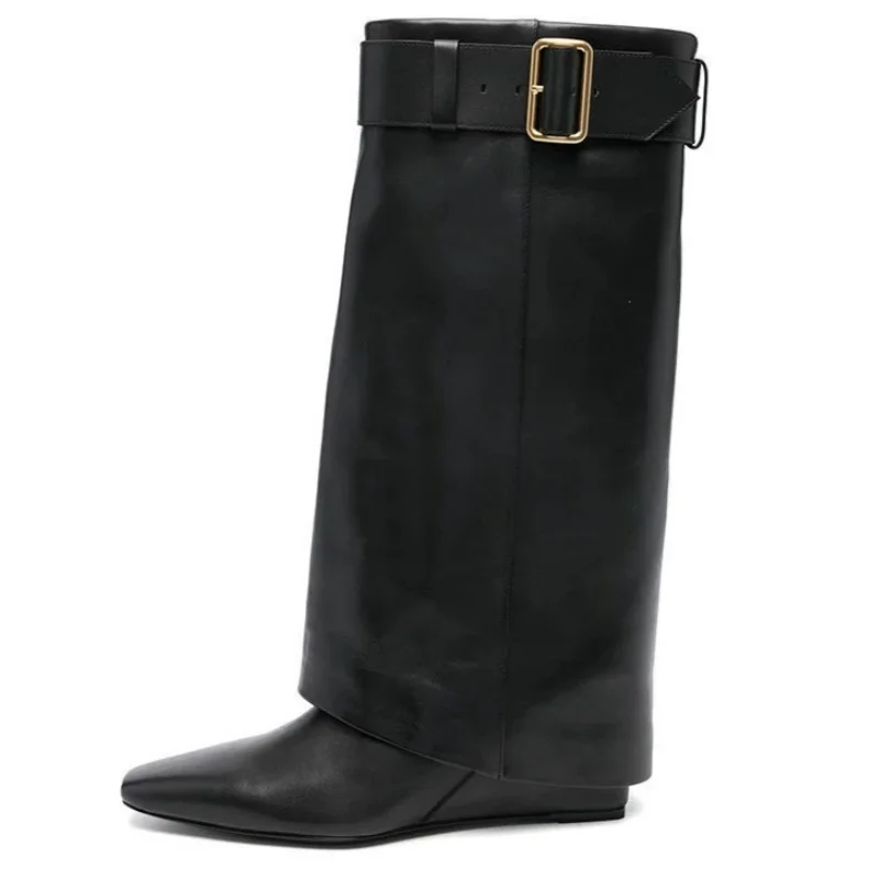 

Новые брендовые женские ботинки до середины икры на танкетке с пряжкой на ремне, нескользящие женские короткие ботинки без шнуровки с квадратным носком, однотонная пикантная женская обувь