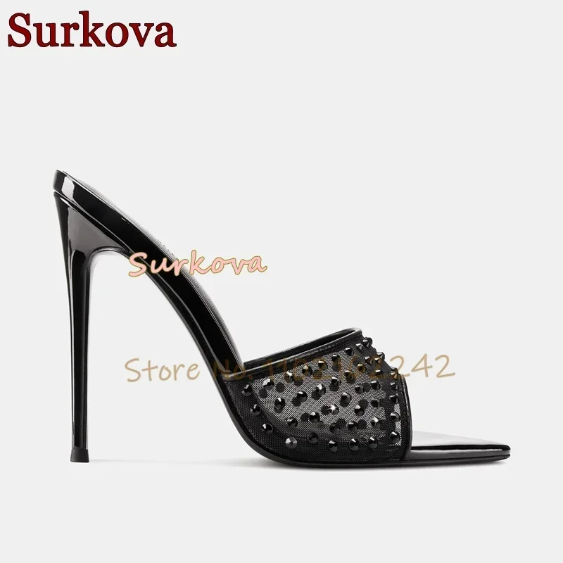 

Black Rhinestone Mesh High Heel Slippers Open Toe Stiletto Breathable Sandals Summer Sexy Party Dress Slippers 2025 New Spring