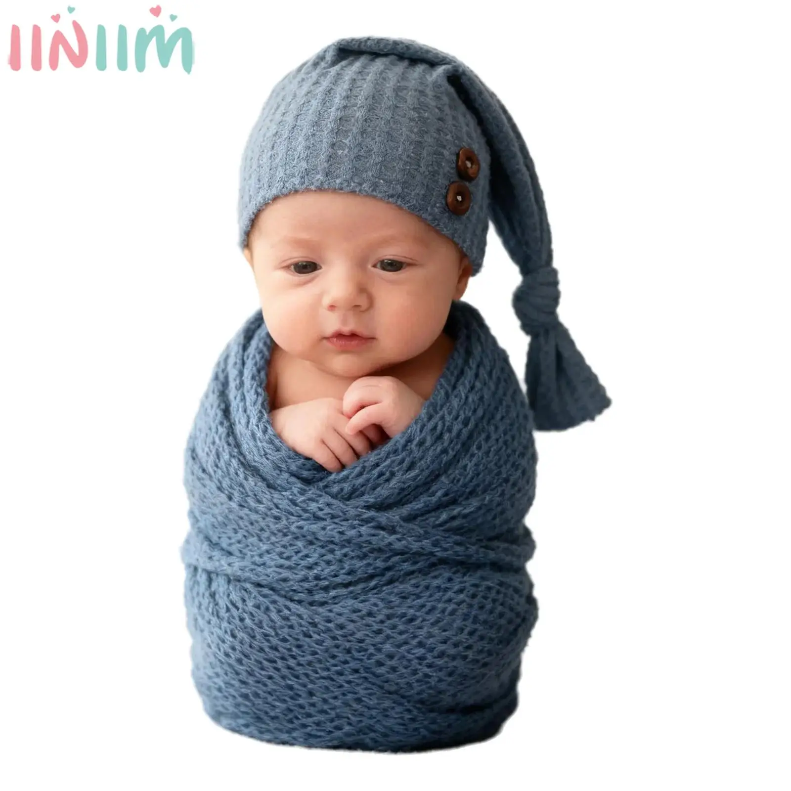 

Newborn Baby Photography Props Stretchy Warm Knitted Wrap Blanket with Hat Infant Boys Girls Photo Shoot Costume Accessories