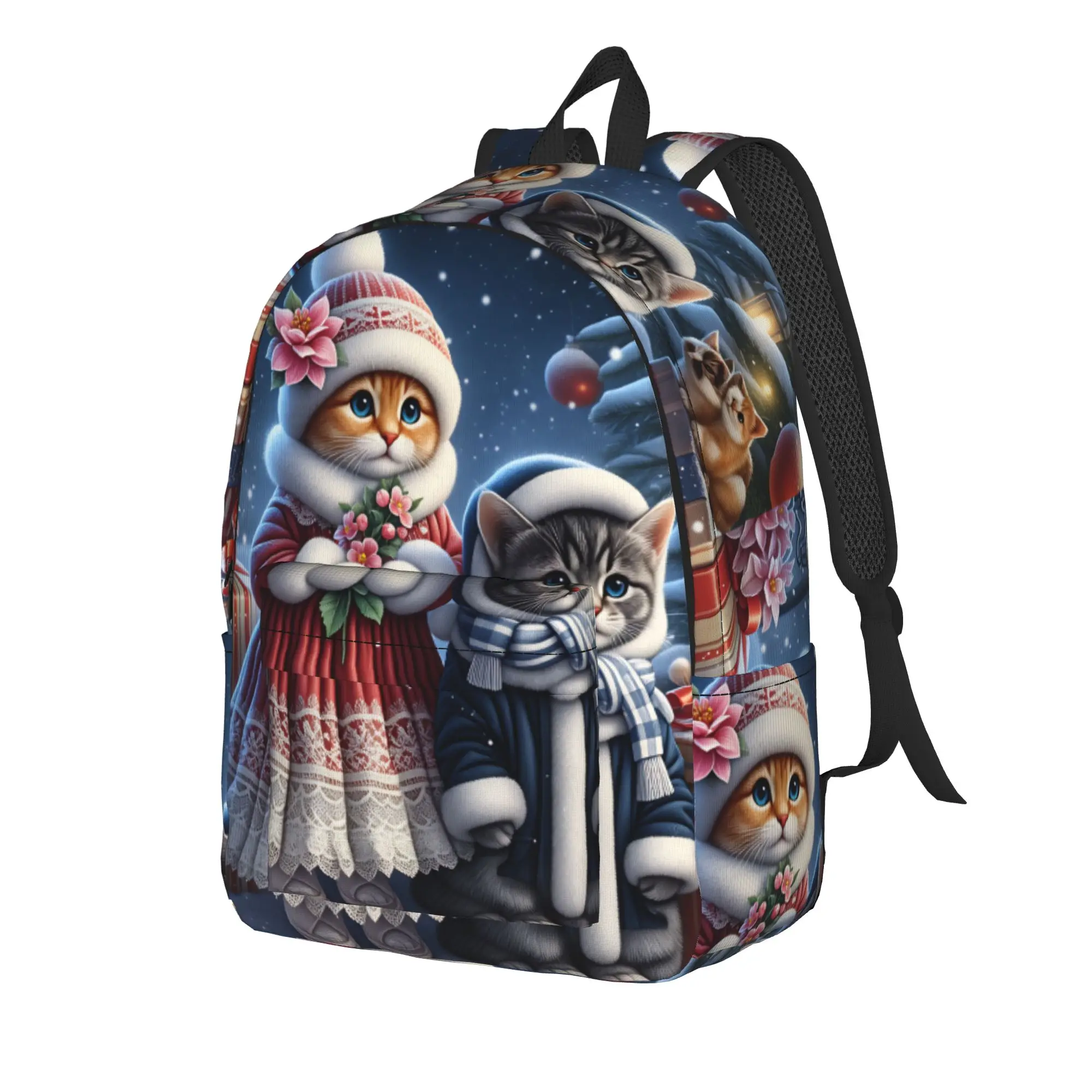 Christmas Cats  Adorable Kittens in Festive Backpack  Female Polyester Backpacks Lightweight Stylish High School Bags Rucksack