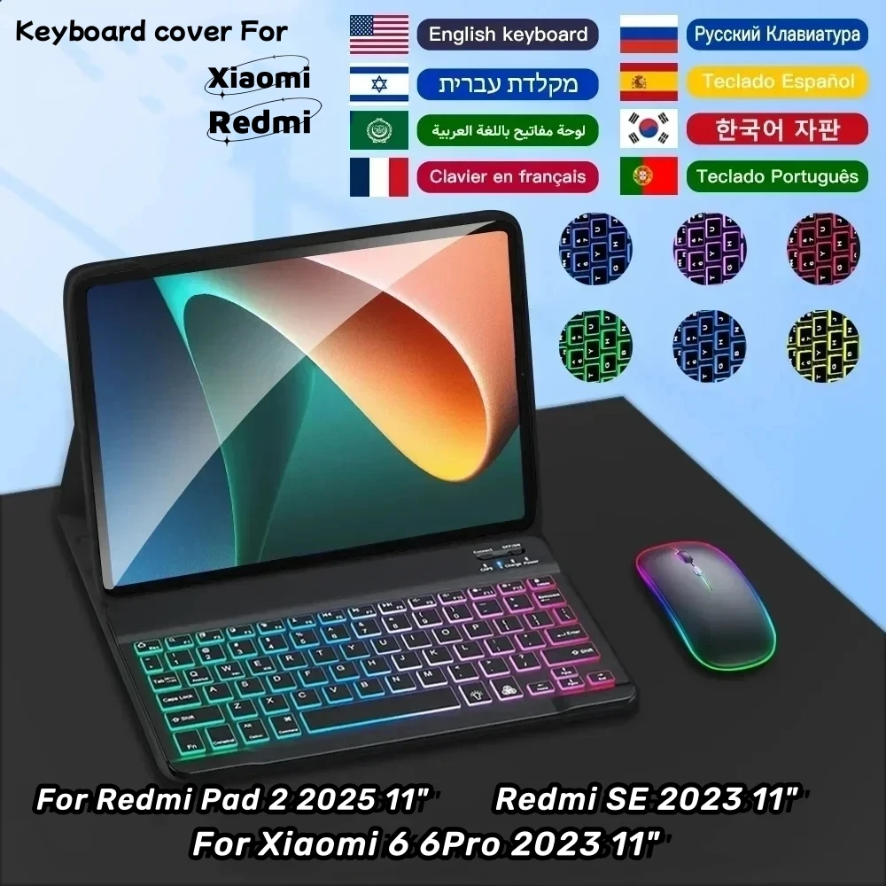 

Keyboard cover For Redmi Pad 2 2025 11"SE 2023 For Xiaomii Pad 6 6Pro 11 case Spanish Russian Portuguese Backlit keyboard funda