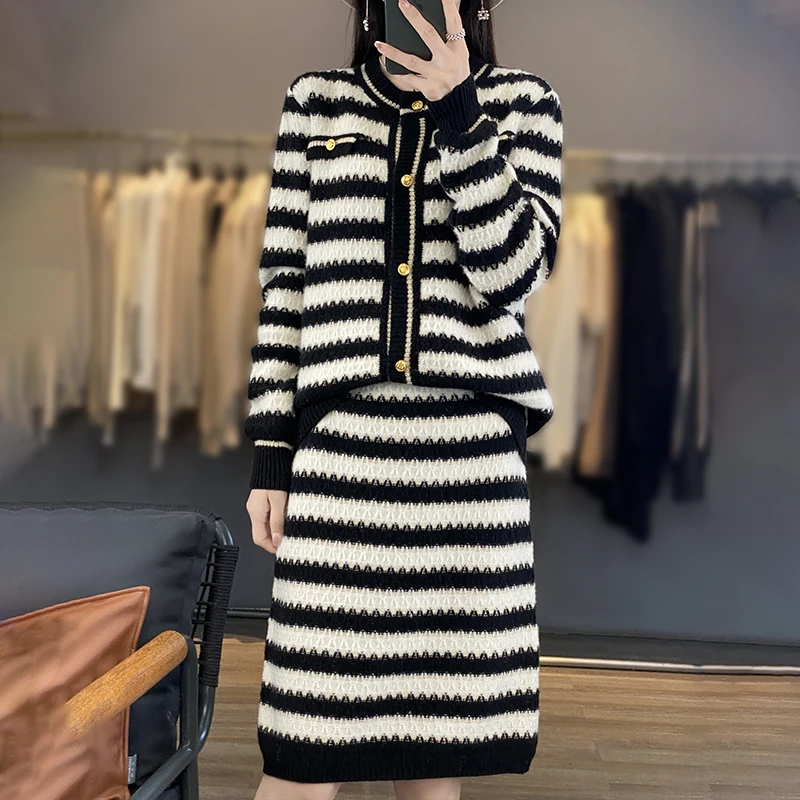 2024 New Women Striped Cashmere Cardigan Autumn Winter O-neck Long Sleeve Sweater 100% Merino Wool Knitwear Female Clothing