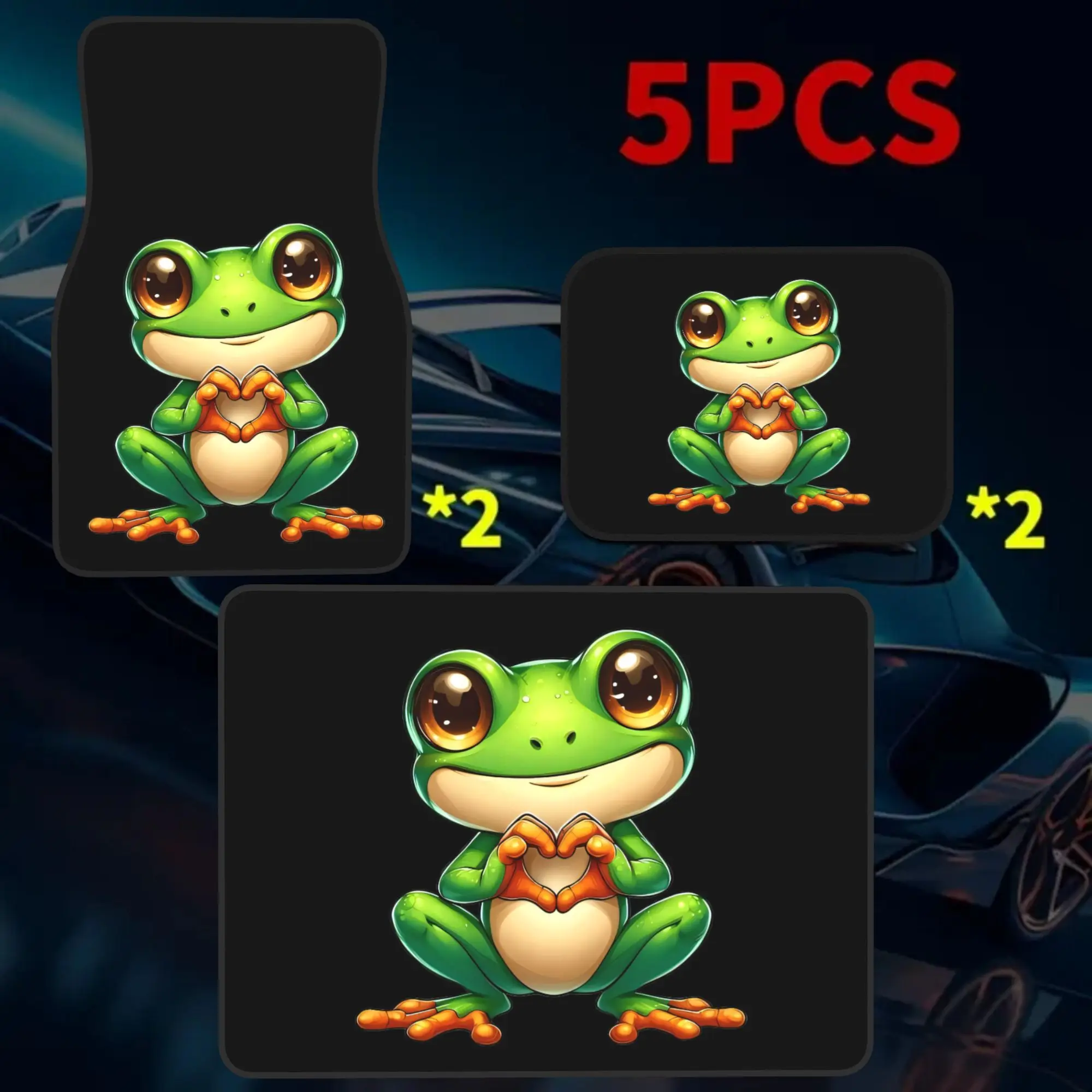 5pcs 2D Printed Frog Making Heart Print Car Floor Mats & Trunk Mat Set, 4 Floor Mats + 1 Trunk Liner, Enhance Vehicle Comfort, H