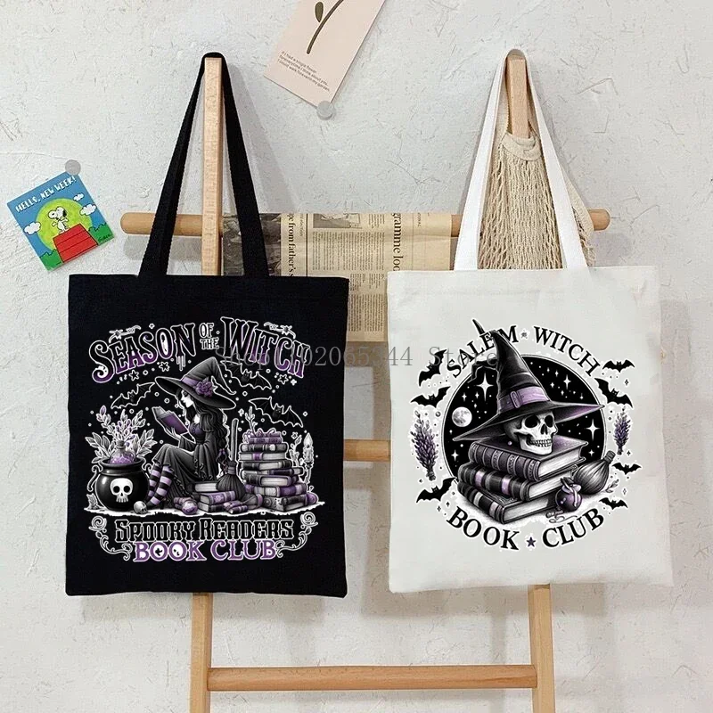 Witch Book Club Print Skull Graphics Tote Bag Women's Gothic Vintage Bookworm Shoulder Bag Fashion Halloween Gifts Y2K Handbags