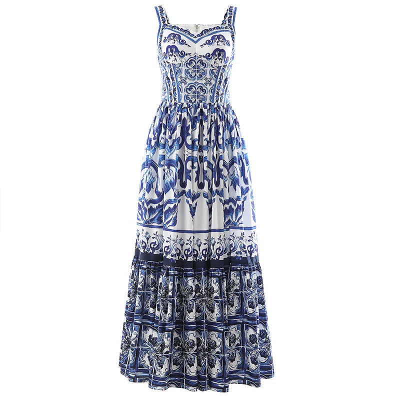 

Summer Flower Large Swing Long Dress Women V-Neck Red Blue And White Print Spaghetti Strap Dress Elegant Beach Holiday Sundress