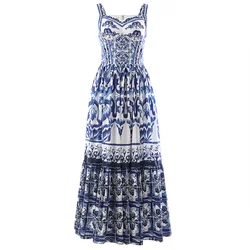 Summer Flower Large Swing Long Dress Women V-Neck Red Blue And White Print Spaghetti Strap Dress Elegant Beach Holiday Sundress