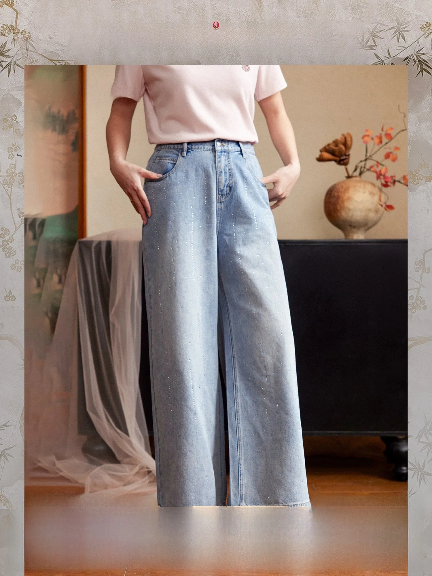 

Plusmall Simple Waed Denim Non-stretch Heavy-du Rhinestone Straight Leg Pants High Waist Straight Tube Jeans for Women