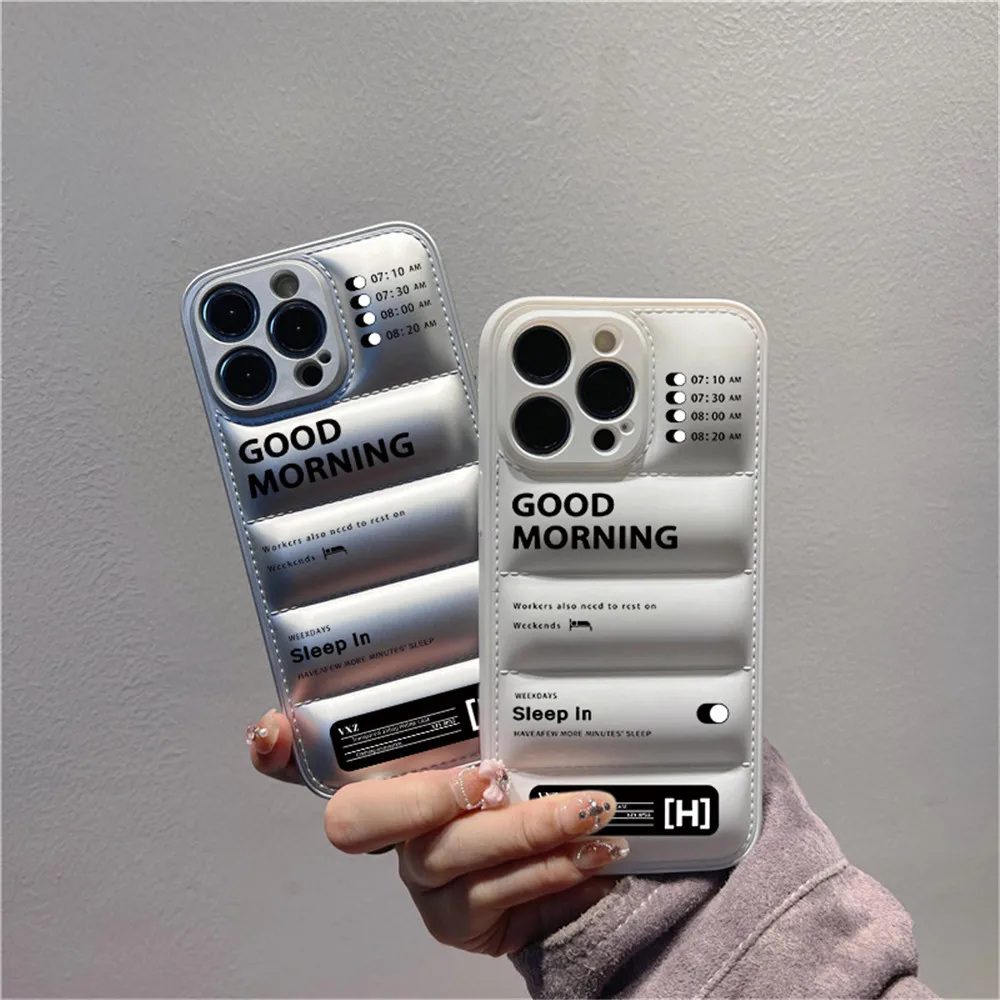 Luxury Alarm clock Don't Sleep fixed time Winter Puffer soft case for iphone 14 15 12 13 11 16 Pro Max X XS XR down jacket cover