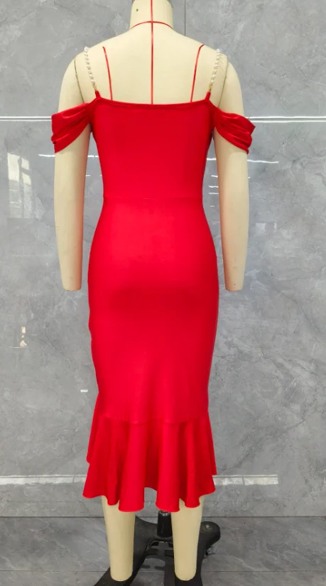 Women\'s Wedding Guest Dress 2024 Late Evening Fake Two Piece Cowl Neck Pearls Strap Cold Shoulder Party Midi Dress Long Skirt