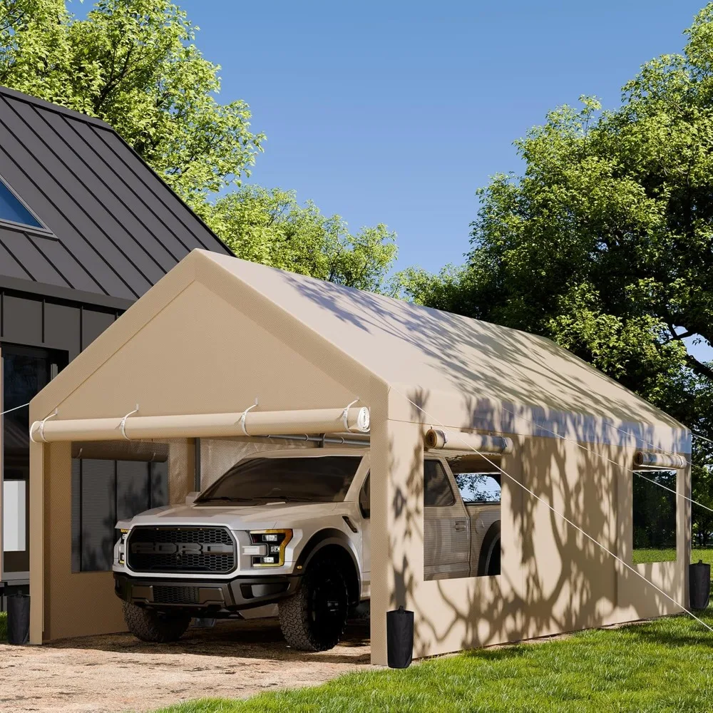 

10x20 Ft Heavy Duty Carport with Roll-up Windows,, Car Canopy with Sandbags and All-Season Tarp ,Khaki Carport