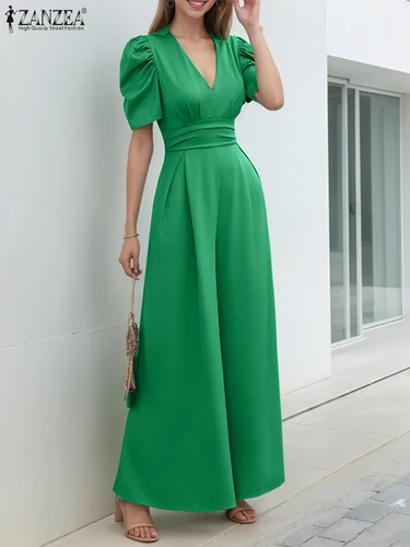 ZANZEA 2025 monos de oficina a la moda, monos elegantes para mujer, monos informales sueltos de manga corta, monos de pierna ancha de Color sólido