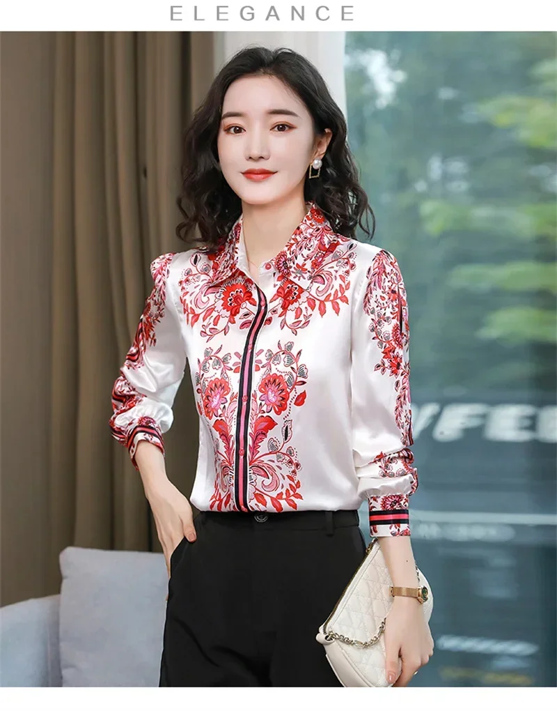 S-3XL Long Sleeve Red White Print Blouse Vinrage Summer Shirt for Women Spring Casual Cardigan Ladies Elegant Tops Blusas 6278