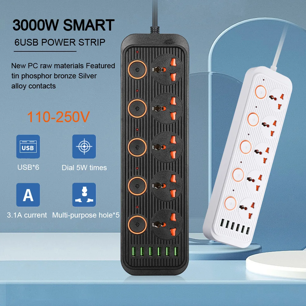 Universal Outlet Power Strip Multiprise Smart Home Extension Electrical Socket With Cord USB AC Separate Control Charger Adapter