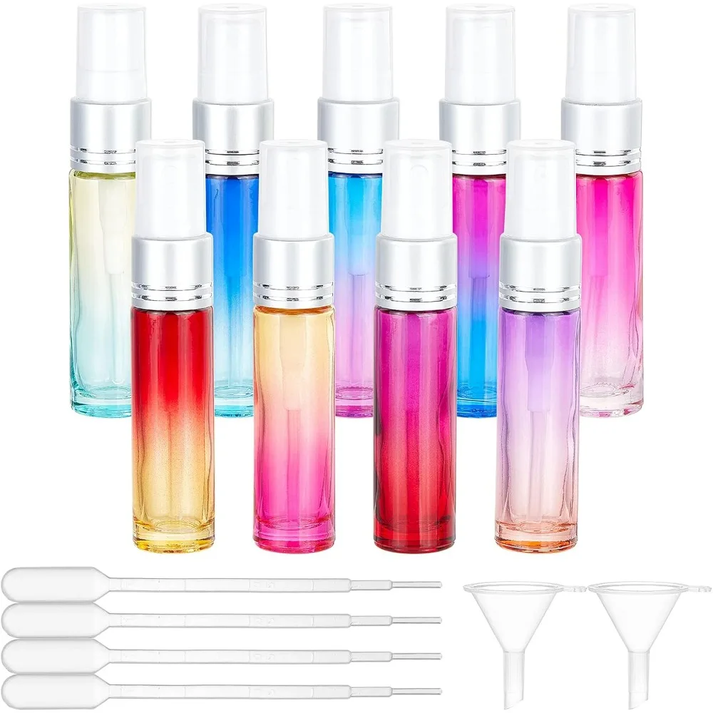 9 Pack 0.3oz/10ml Gradient Colors Glass Sprayer Bottles Platinum Aluminium Oxide Spary Head with Portable Refillable for Perfume