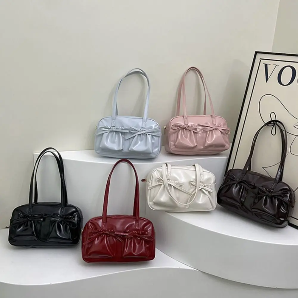 

Fashion PU Leather Shoulder Bag Solid Color Bowknot Underarm Bag Large Capacity Portable Tote Bag for Women