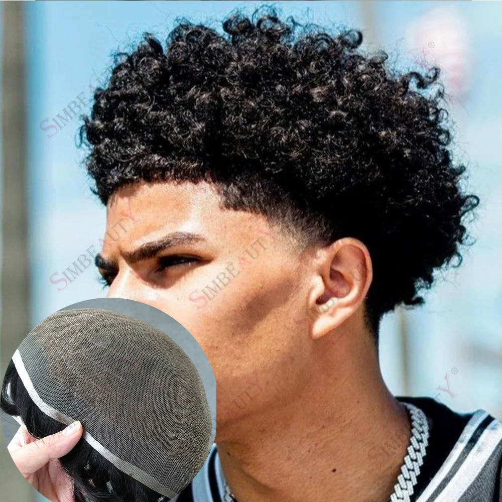 

8mm 10mm Afro Men Curly Breathable Full Swiss Lace 100% Human Hair Toupee Bleached Knots Natural Hairline Black Brown Wigs Patch