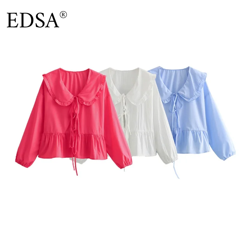 

EDSA Women Agaric Lace Turn Down Collar Solid Color Smock Blouse Female Chic Lace Up Ruffles Shirt Blusas Tops