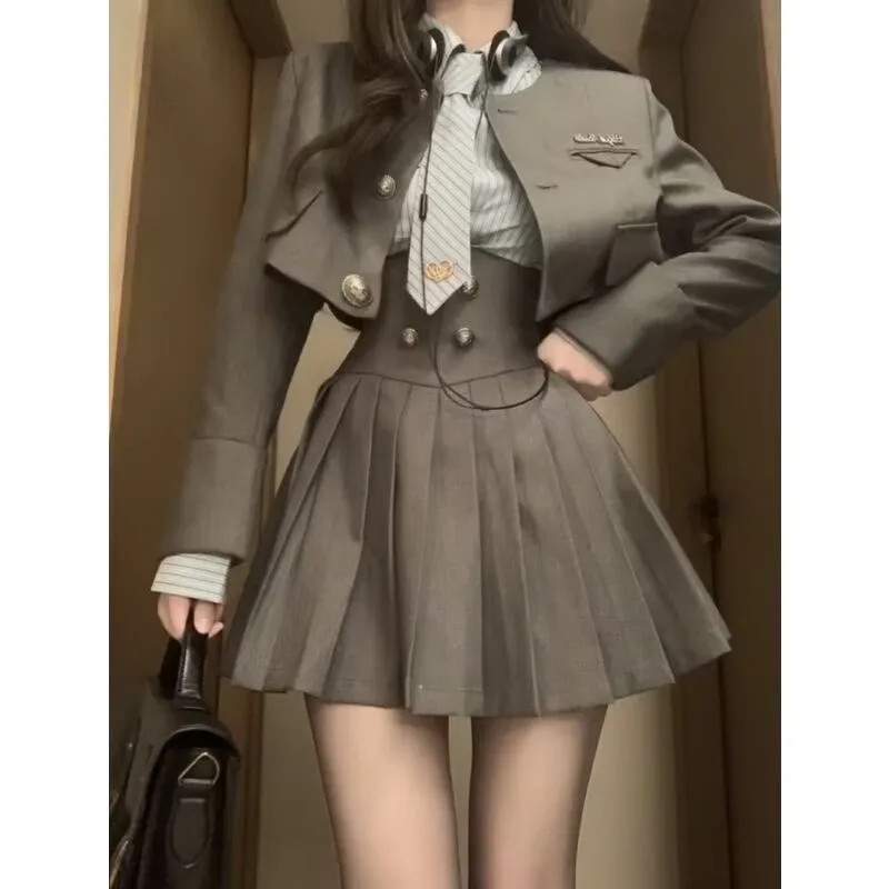 

American Pure Desire Short Gray Jacket+striped Versatile Shirt Inner Layer+ultra-high Waist Pleated Skirt 3 Piece Sets Clothes