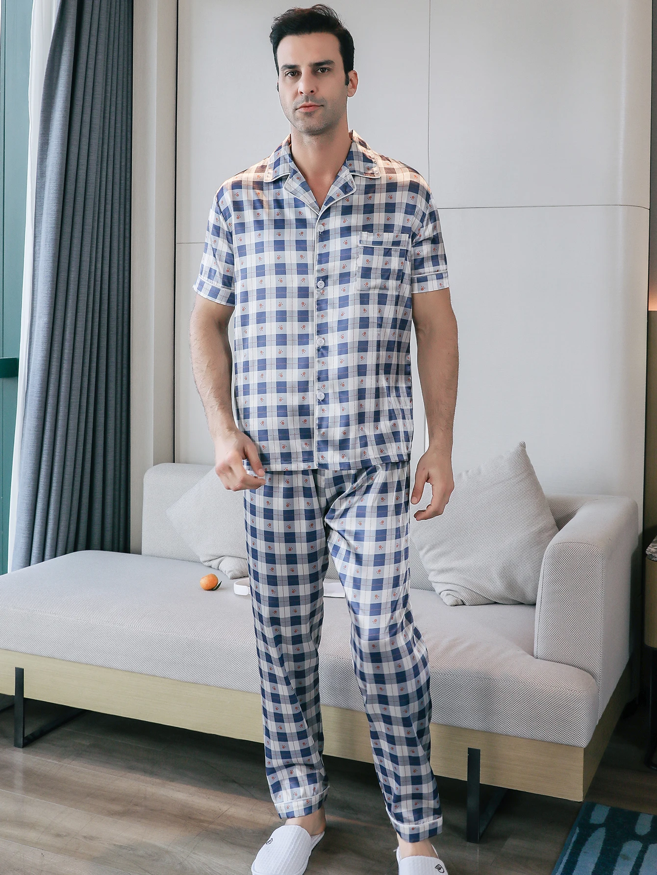 Two piece sets men's sleepwear summer short sleeved pants checkered printed home clothes sleepwear set